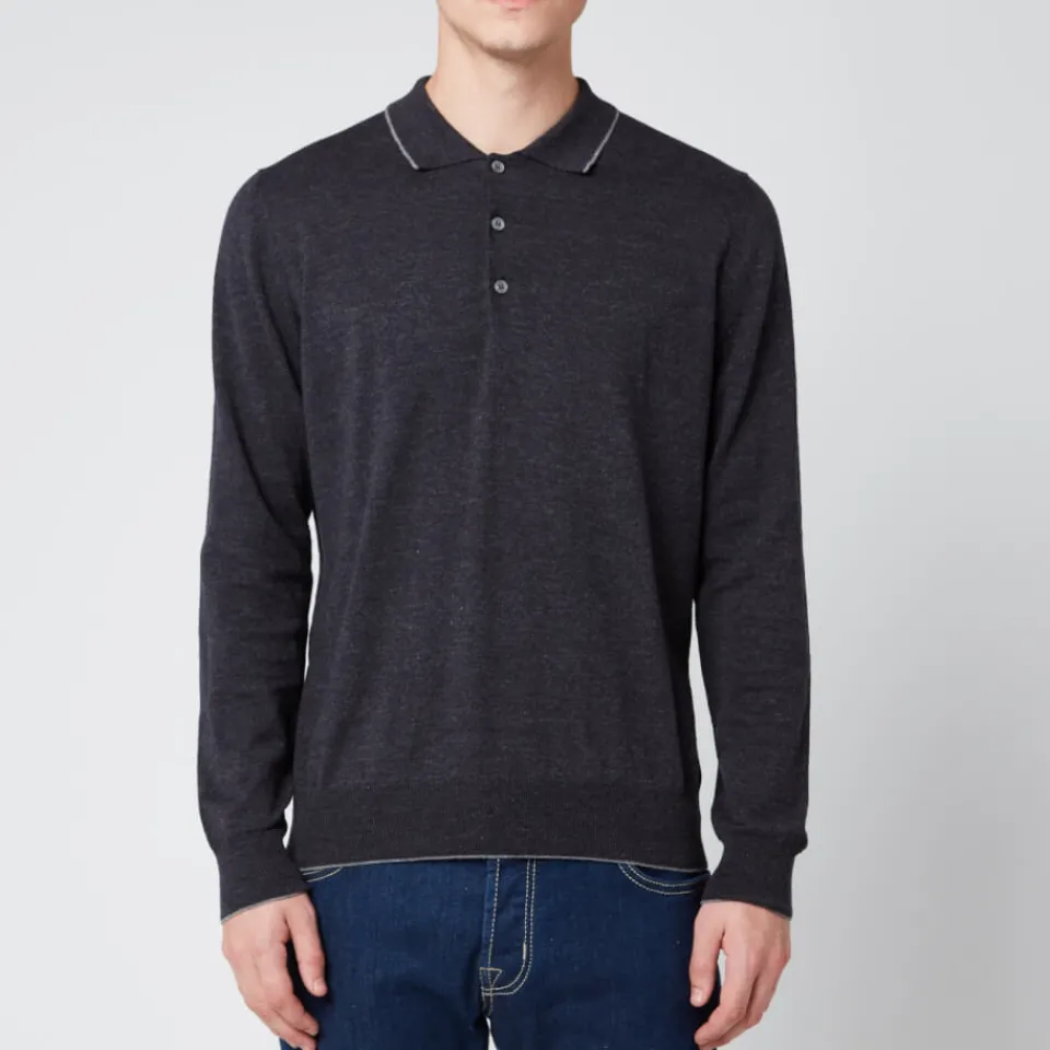 T-Shirts|T-Shirts|Dr. Martens Canali Men's Long Sleeve Wool Tip Button Polo Shirt - Navy - IT 46/UK 36