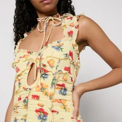 Dresses|Dresses|De La Vali Ruched Floral-Print Chiffon Midi Dress - UK 10