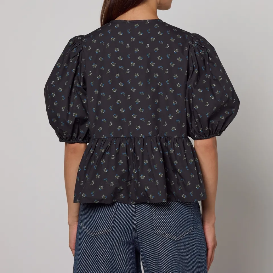 T-Shirts And Tops|Shirts And Blouses|Ganni Ditsy-Print Organic Cotton Peplum Blouse - UK 6