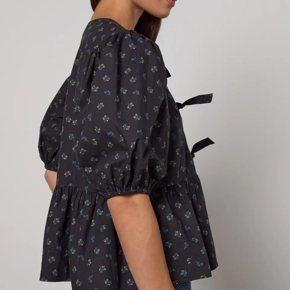 T-Shirts And Tops|Shirts And Blouses|Ganni Ditsy-Print Organic Cotton Peplum Blouse - UK 6