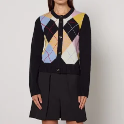 Knitwear|Ganni Harlequin Wool-Blend Knit Cardigan - M