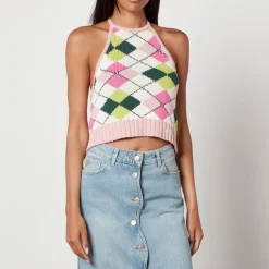 T-Shirts And Tops|Shirts And Blouses|Good American Ganni Intarsia-Knit Cotton Halterneck Top - XXS
