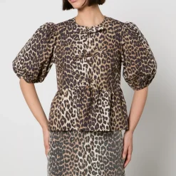 T-Shirts And Tops|Shirts And Blouses|Castañer Ganni Leopard-Print Organic Cotton-Poplin Peplum Blouse - EU 36/UK 8