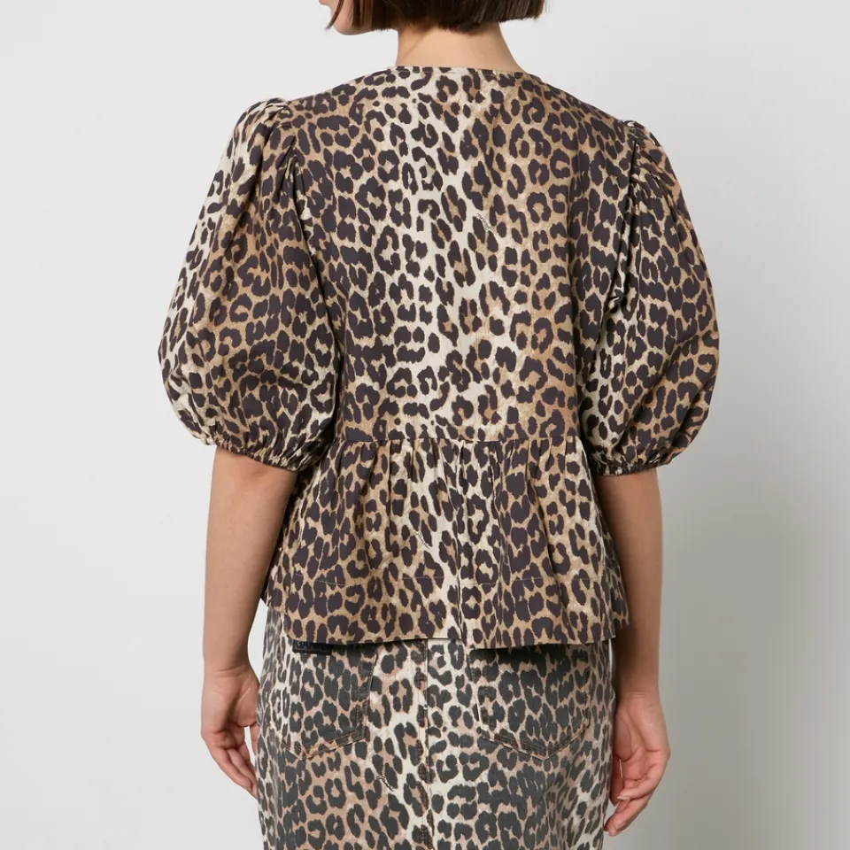 T-Shirts And Tops|Shirts And Blouses|Castañer Ganni Leopard-Print Organic Cotton-Poplin Peplum Blouse - EU 36/UK 8
