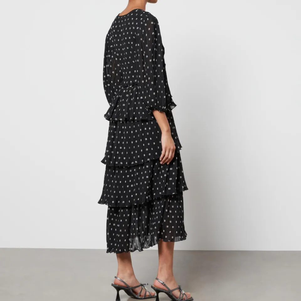 Dresses|Dresses|Toit Volant Ganni Logo-Print Pleated Georgette Midi Dress - EU 34/UK 6