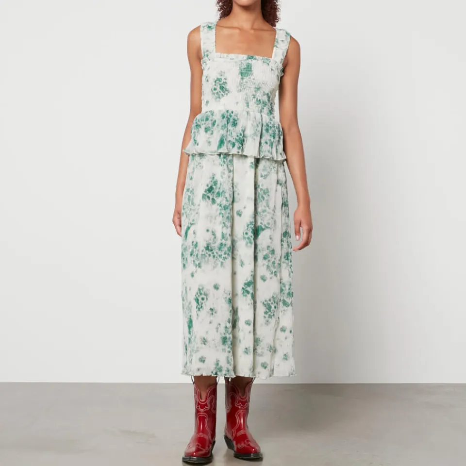 Dresses|Dresses|Ganni Pleated Floral-Print Smocked Crepon Midi Dress - EU 42/UK 14