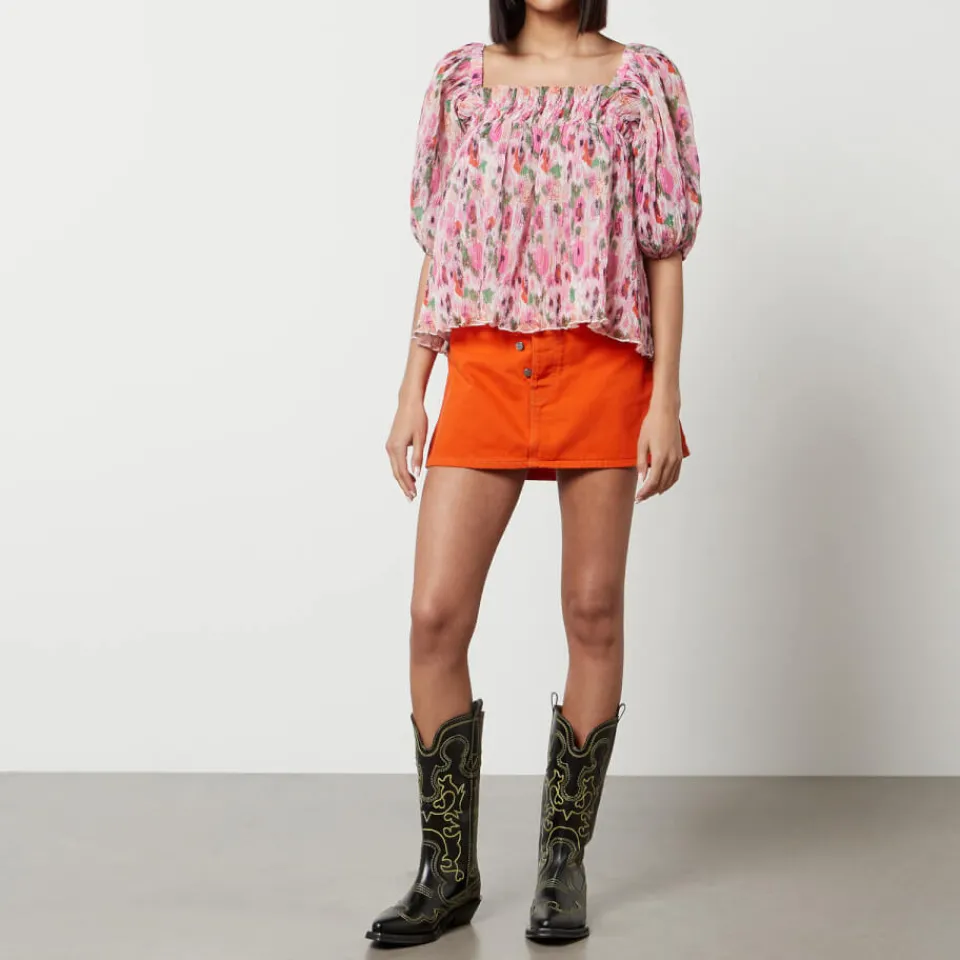 T-Shirts And Tops|Shirts And Blouses|Dr. Martens Ganni Pleated Georgette Puff Sleeve Smock Top - EU 38/UK 10