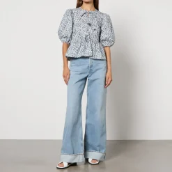T-Shirts And Tops|Shirts And Blouses|Sleeper Ganni Printed Cotton-Poplin Peplum Blouse - EU 36/UK 8