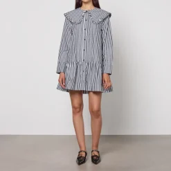 Dresses|Dresses|Anine Bing Ganni Stripe Big Collar Cotton-Poplin Mini Shirt Dress - UK 6