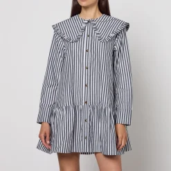 Dresses|Dresses|Anine Bing Ganni Stripe Big Collar Cotton-Poplin Mini Shirt Dress - UK 6