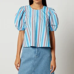 T-Shirts And Tops|Shirts And Blouses|Ganni Striped Cotton Open-Back Blouse - EU 38/UK 10