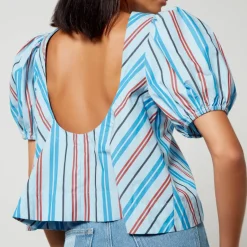 T-Shirts And Tops|Shirts And Blouses|Ganni Striped Cotton Open-Back Blouse - EU 38/UK 10