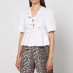 T-Shirts And Tops|Shirts And Blouses|Self-Portrait Ganni Washed Cotton-Blend Poplin Tie Strap Blouse - EU 34/UK 6