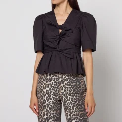T-Shirts And Tops|Shirts And Blouses|Ganni Washed Cotton-Blend Poplin Tie Strap Blouse - EU 34/UK 6