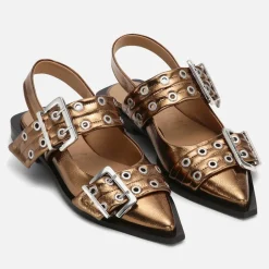 Flats|Ganni Women's Chunky Buckle Ballerina Faux Leather Flats - UK 4