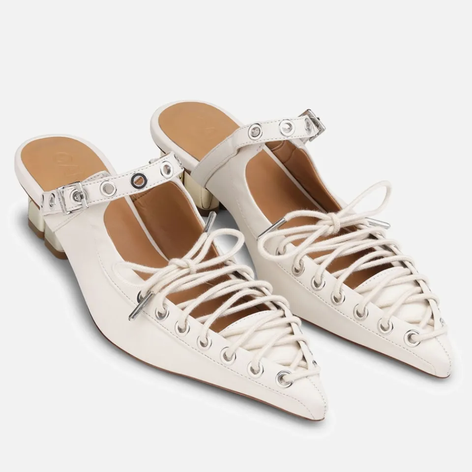 Heels|Ganni Women's Eyelet-Embellished Oleatex® Heeled Mules - UK 3