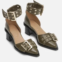 Heels|Gucci Ganni Women's Feminine Buckle Block Faux Leather Heels - UK 3