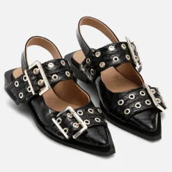 Flats|Ganni Women's Patent Croc-Effect Leather Ballerina Flats - UK 3