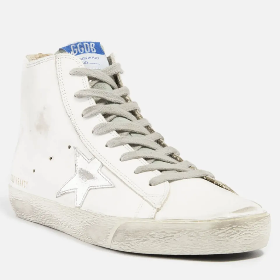 Trainers|Veja Golden Goose Francy Distressed Leather and Suede High-Top Trainers - UK 3
