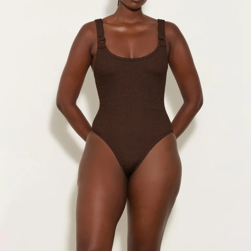 Swimwear|Swimwear|Hunza G Domino Stretch-Seersucker Swimsuit