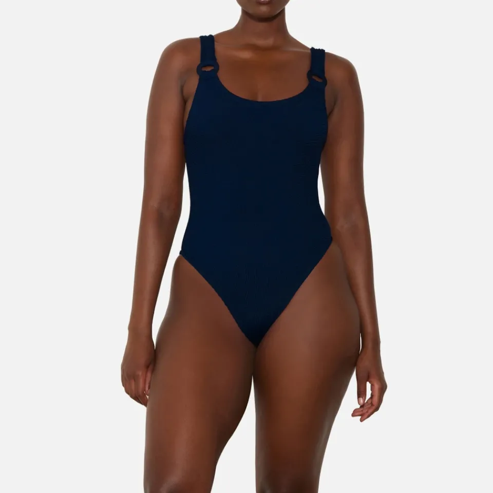 Swimwear|Swimwear|Hunza G Domino Stretch-Seersucker Swimsuit