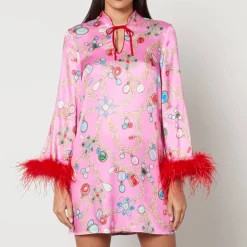 Dresses|Dresses|Ganni Kitri Carlotta Printed Feather-Trimmed Satin Mini Dress - UK 8