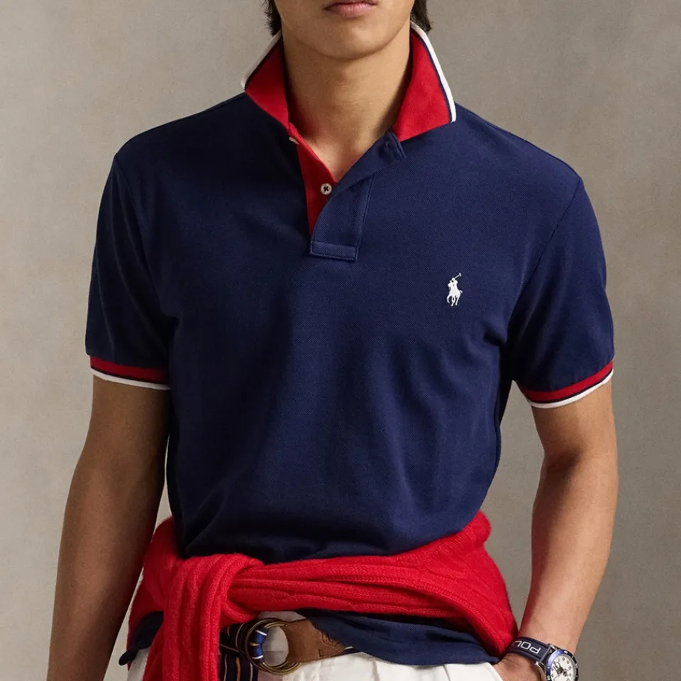 Polo Shirts|Polo Ralph Lauren Custom Slim Fit Cotton Mesh Tipped Polo Shirt - M