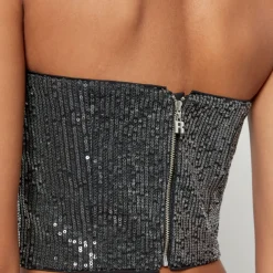 T-Shirts And Tops|Stepney Workers Club Rotate Birger Christensen Sequinned Denim Cropped Top - DK 32/UK 6
