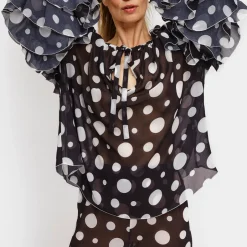 T-Shirts And Tops|Shirts And Blouses|Dr. Martens Sleeper Samba Ruffled Polka-Dot Chiffon Blouse - S